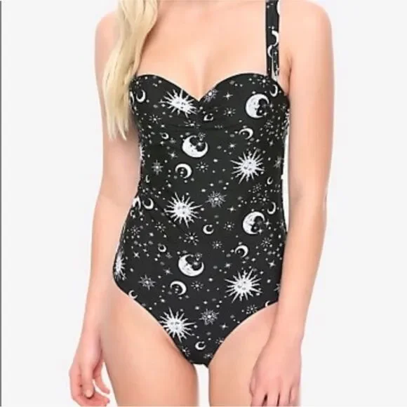 Hot Topic Black & White Sun Moon Stars Celestial One Piece Swimsuit Size Small - Picture 7 of 14